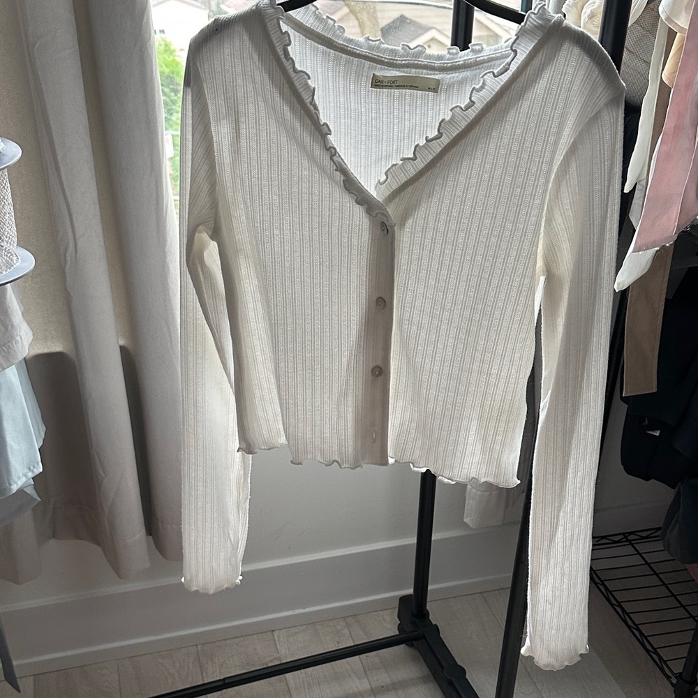 OAK + FORT Cream Ruffled Cardigan